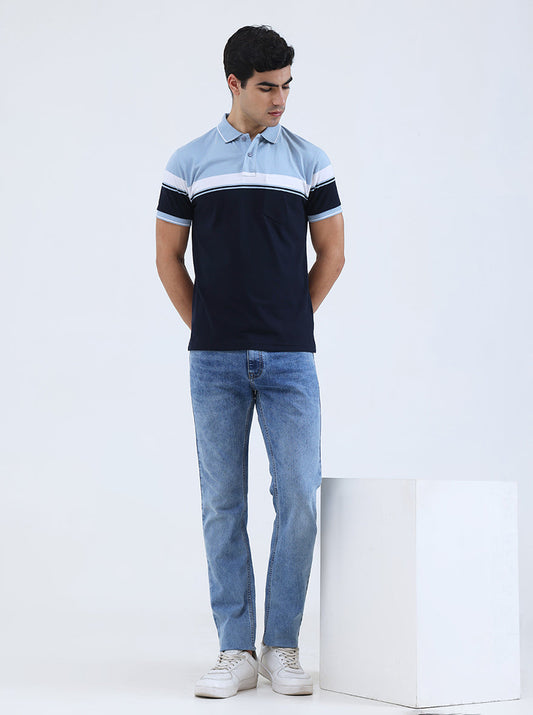Sky Blue Striped Regular Fit Polo T-Shirt | Greenfibre