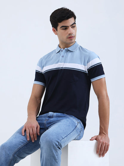 Sky Blue Striped Regular Fit Polo T-Shirt | Greenfibre