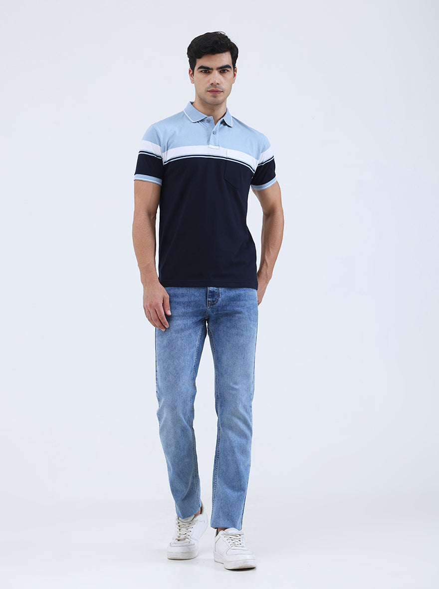 Sky Blue Striped Regular Fit Polo T-Shirt | Greenfibre