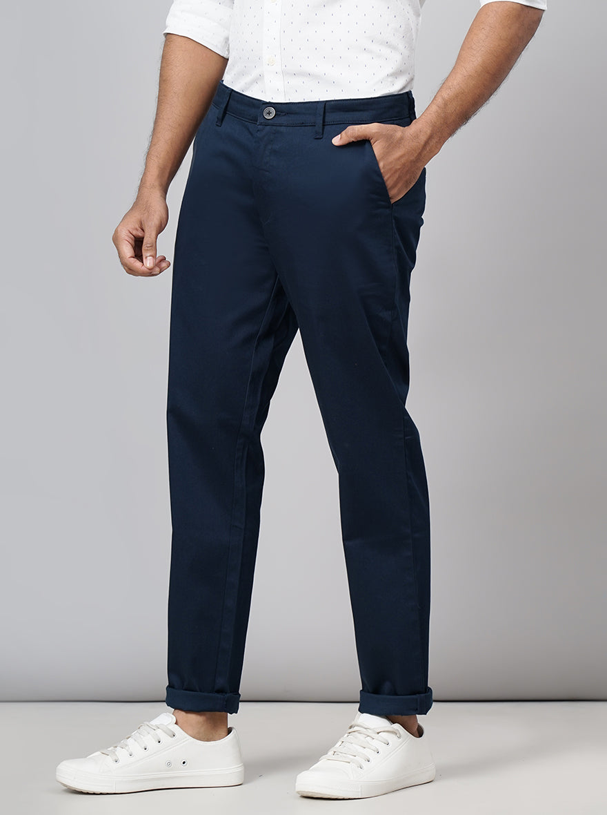 Navy Blue Solid Neo Fit Casual Trouser | Greenfibre