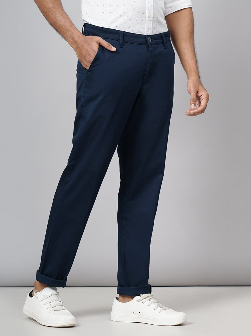 Navy Blue Solid Neo Fit Casual Trouser | Greenfibre