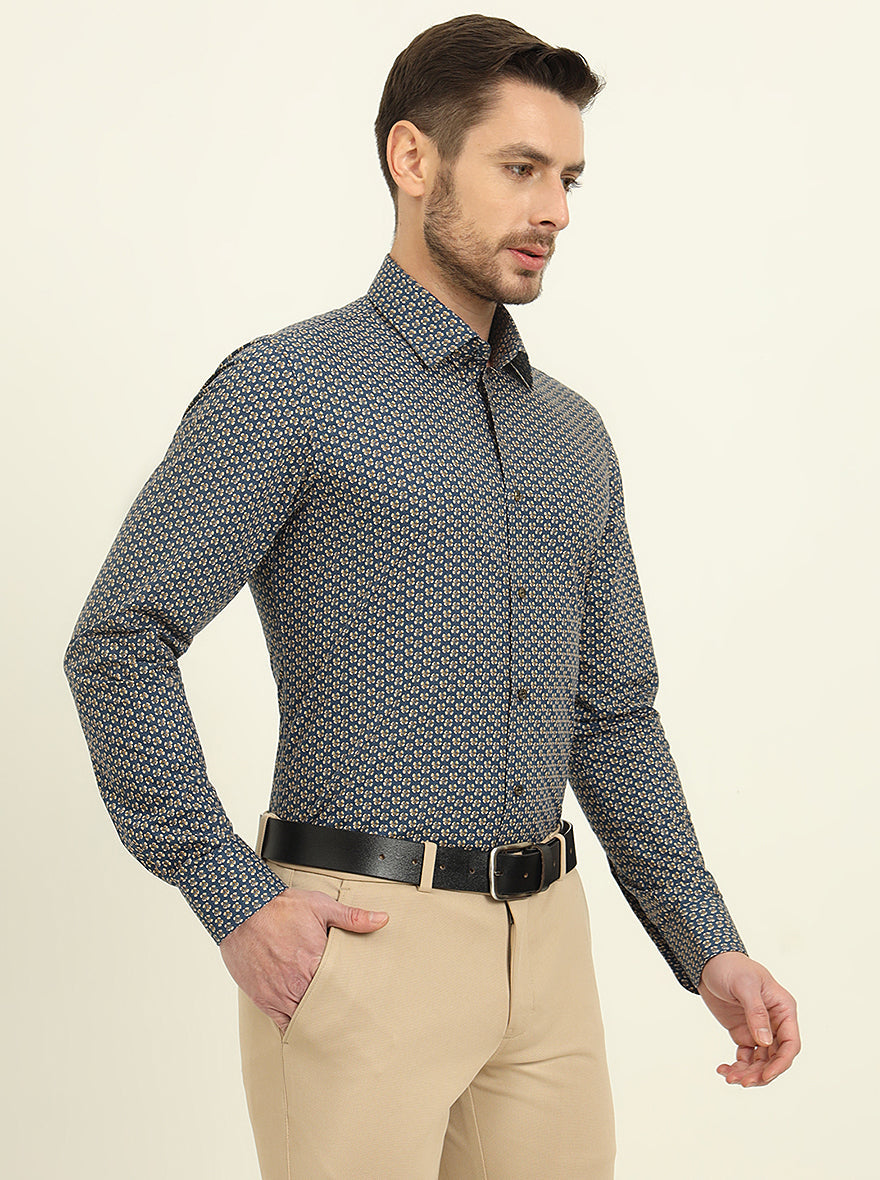Blue Printed Slim Fit Party Wear Shirt | Wyre