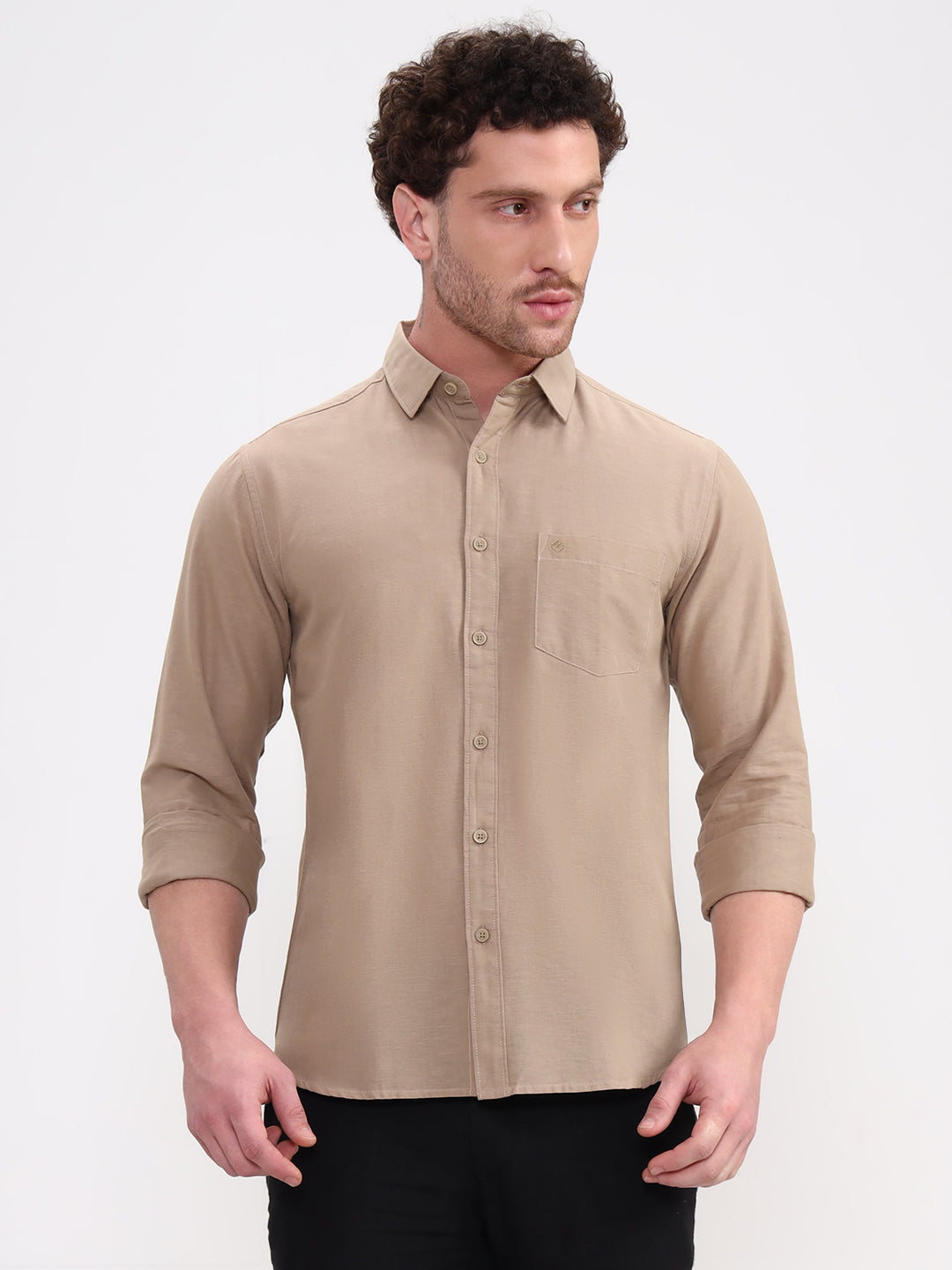 Khaki Solid Slim Fit Casual Shirt | Greenfibre