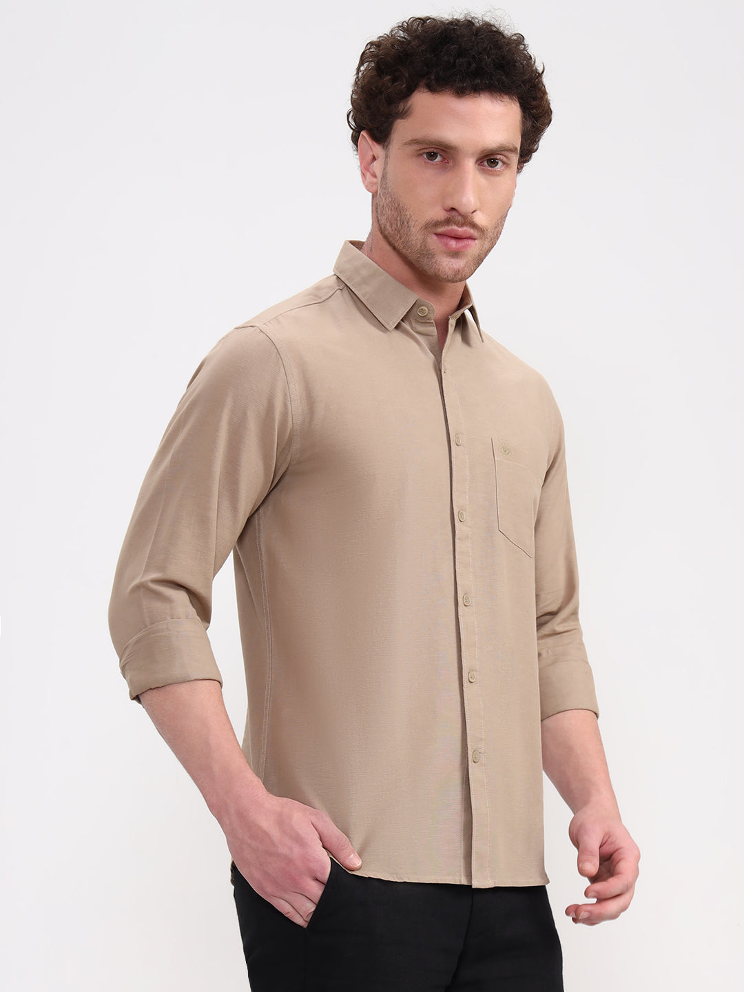 Khaki Solid Slim Fit Casual Shirt | Greenfibre