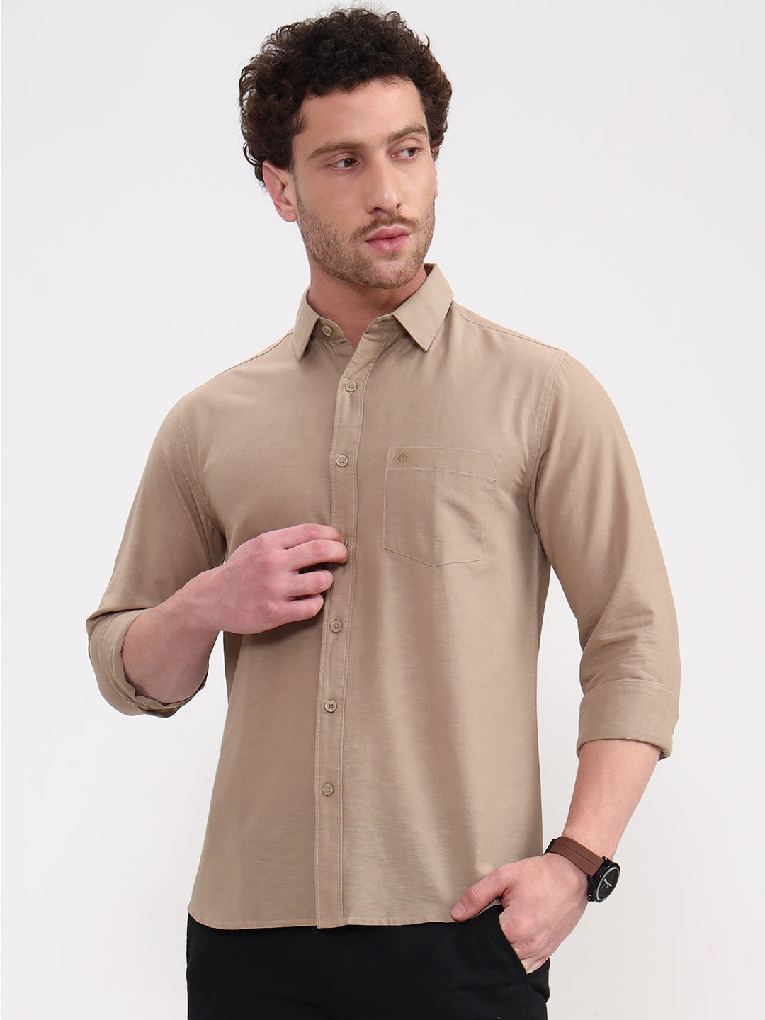 Khaki Solid Slim Fit Casual Shirt | Greenfibre