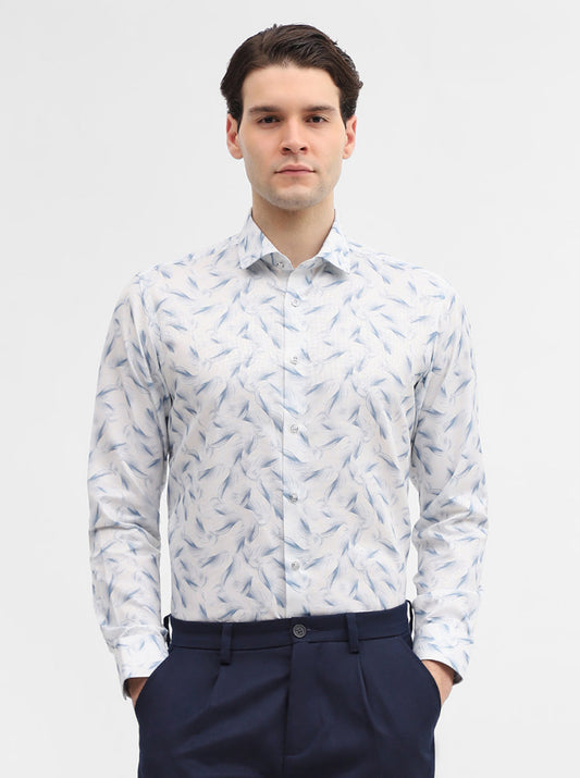 Blue & White Printed Slim Fit Party Wear Shirt | Greenfibre