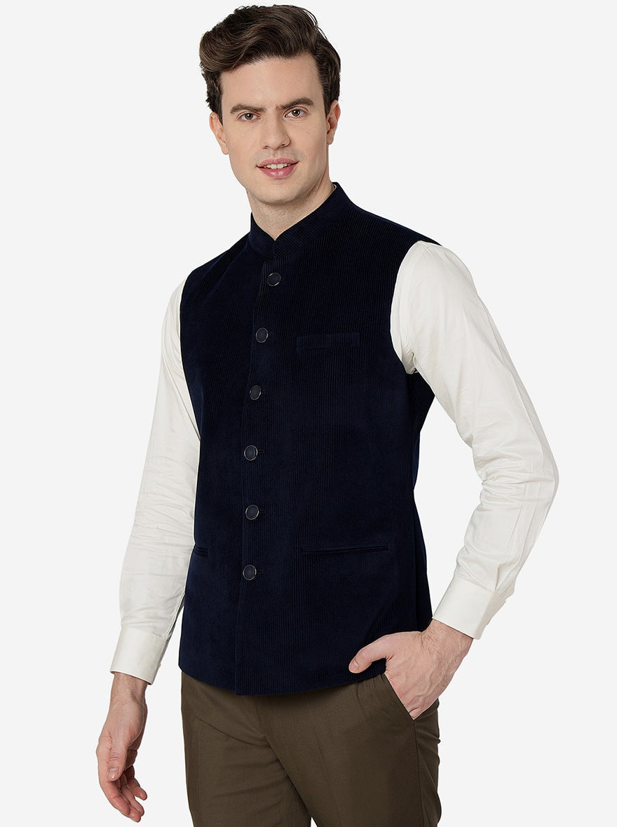 Navy Blue Solid Regular Fit Bandhgala Jacket | Greenfibre