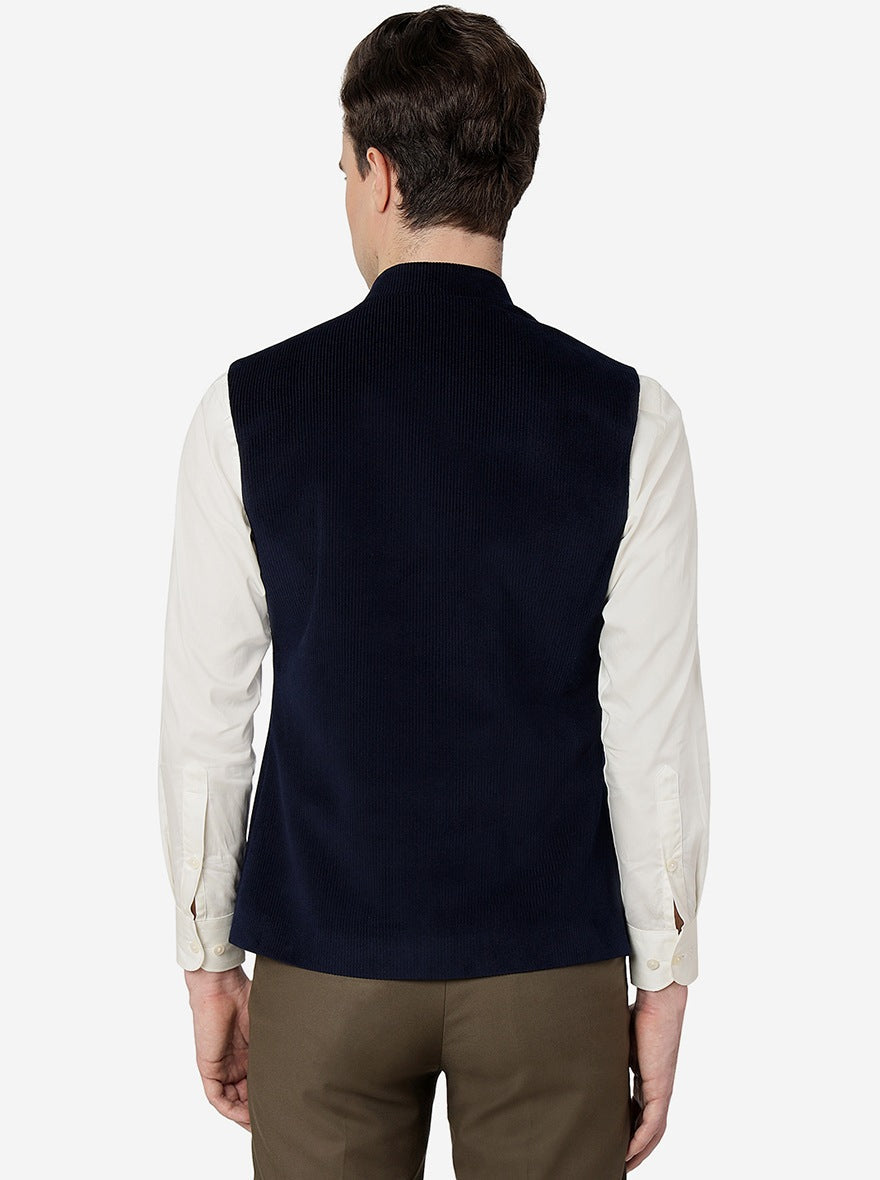 Navy Blue Solid Regular Fit Bandhgala Jacket | Greenfibre