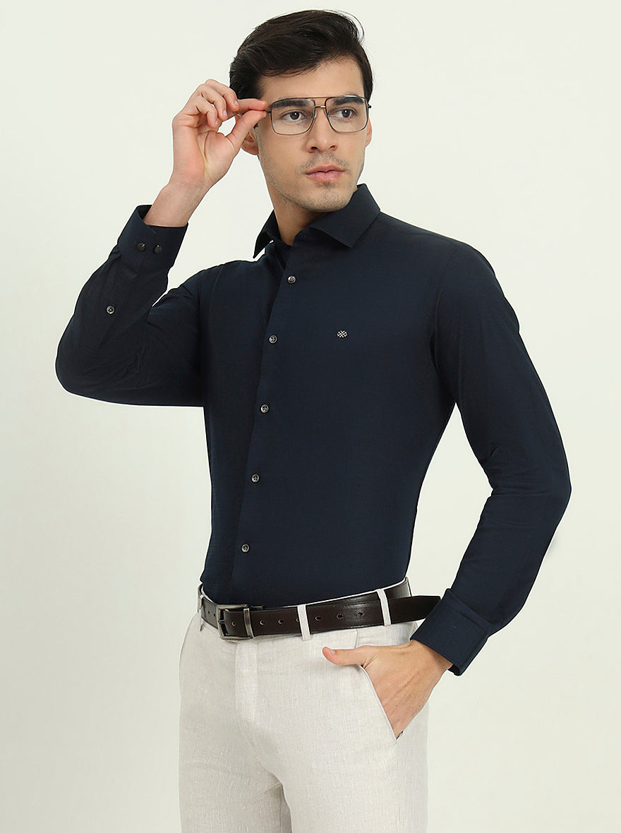 Navy Blue Solid Slim Fit Party Wear Shirt | Greenfibre