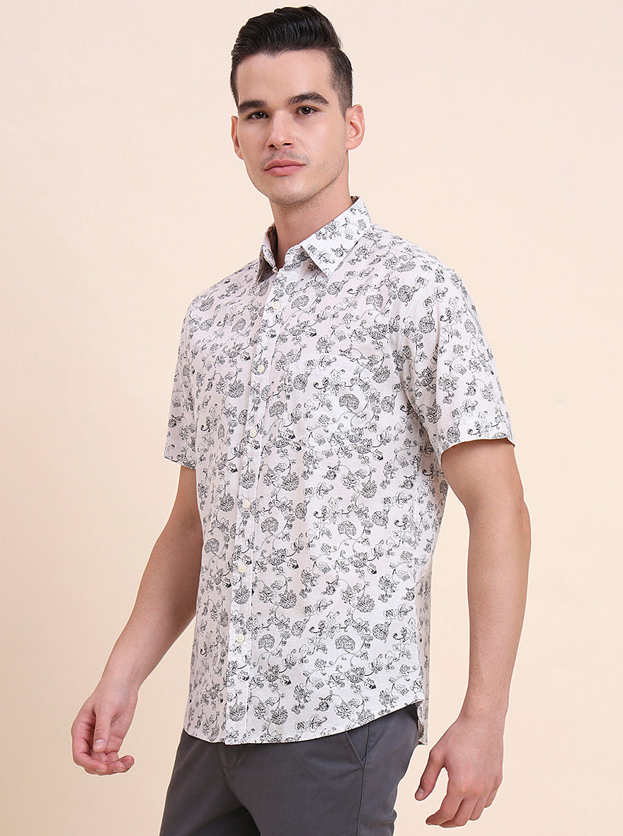 White Printed Slim Fit Casual Shirt | Greenfibre