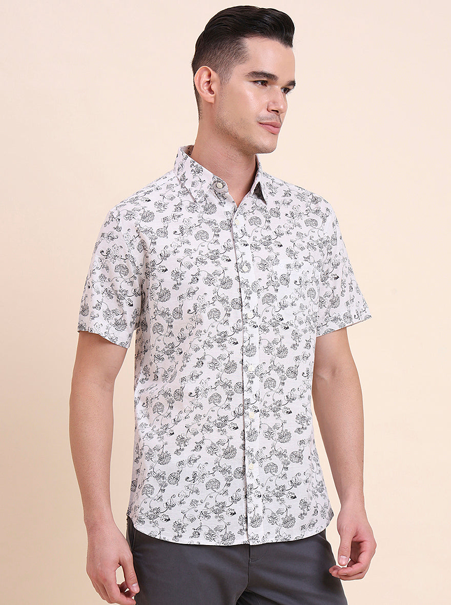 White Printed Slim Fit Casual Shirt | Greenfibre