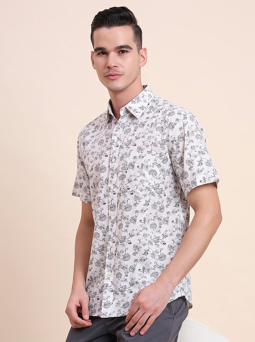 White Printed Slim Fit Casual Shirt | Greenfibre
