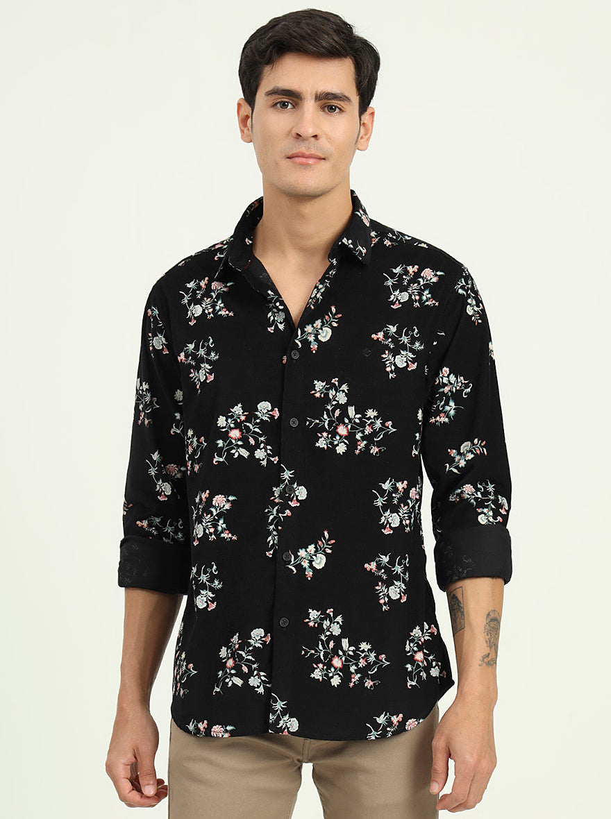 Black Printed Slim Fit Casual Shirt | Greenfibre