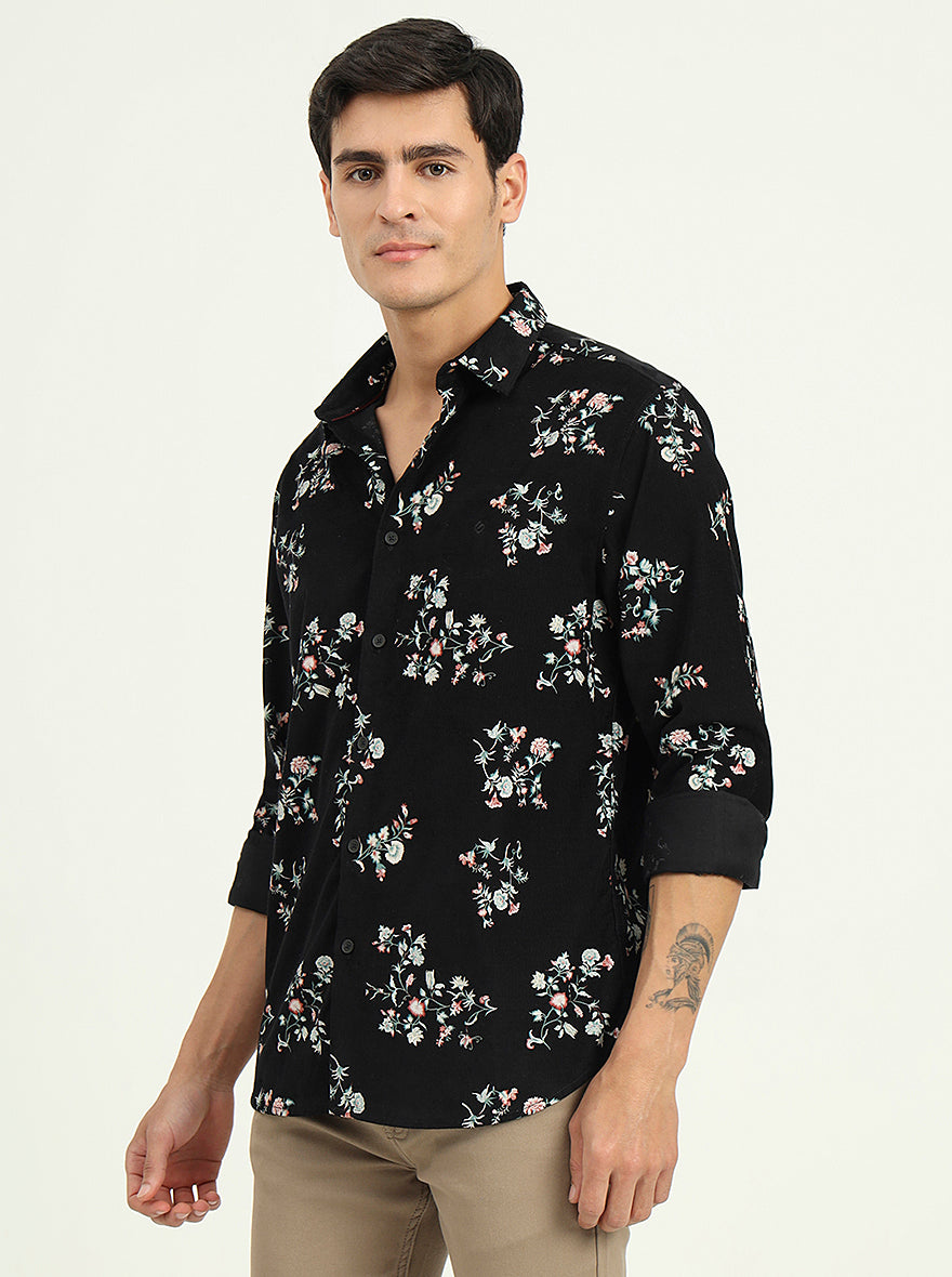 Black Printed Slim Fit Casual Shirt | Greenfibre