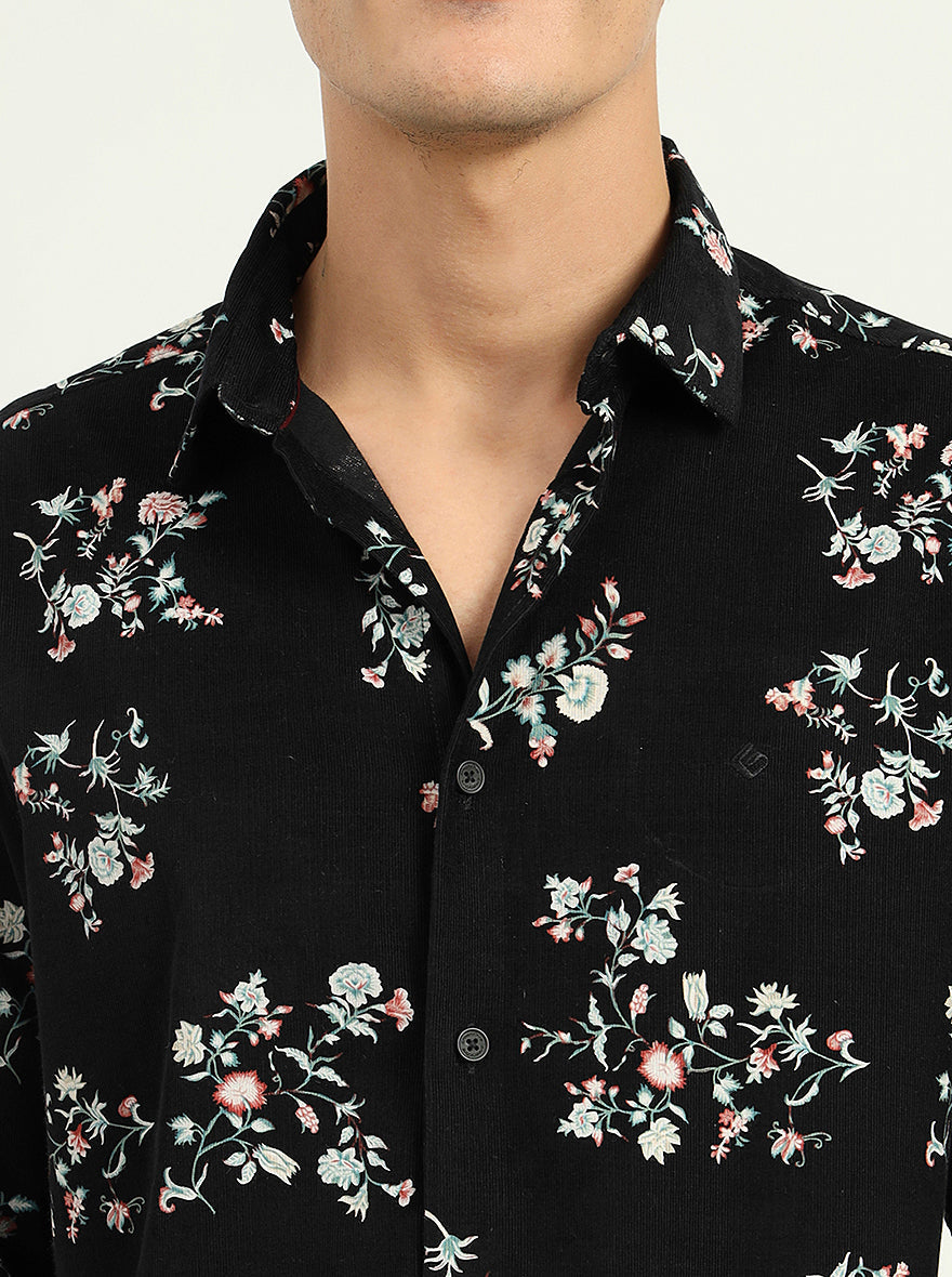 Black Printed Slim Fit Casual Shirt | Greenfibre