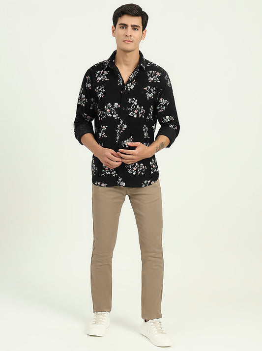Black Printed Slim Fit Casual Shirt | Greenfibre