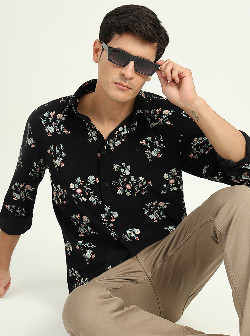 Black Printed Slim Fit Casual Shirt | Greenfibre