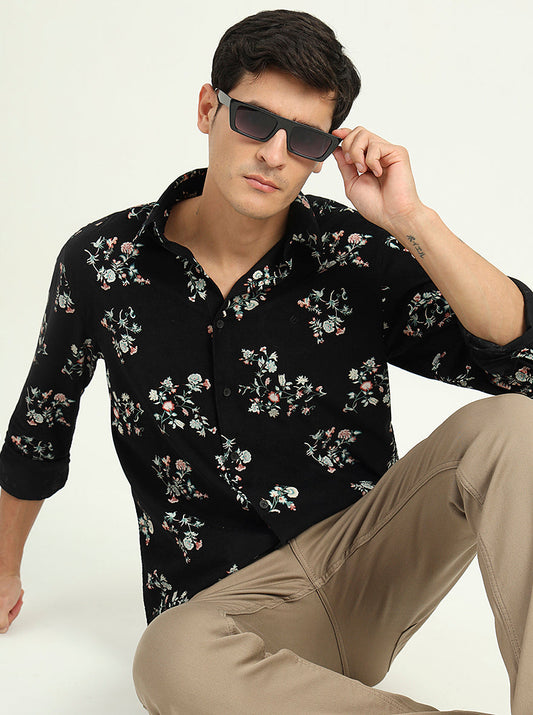 Black Printed Slim Fit Casual Shirt | Greenfibre