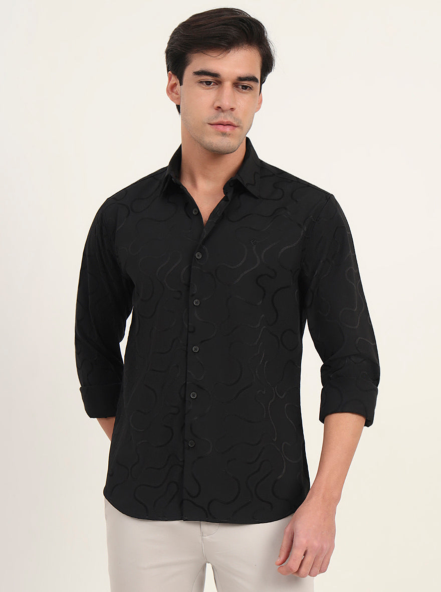 Black Printed Slim Fit Casual Shirt | Greenfibre