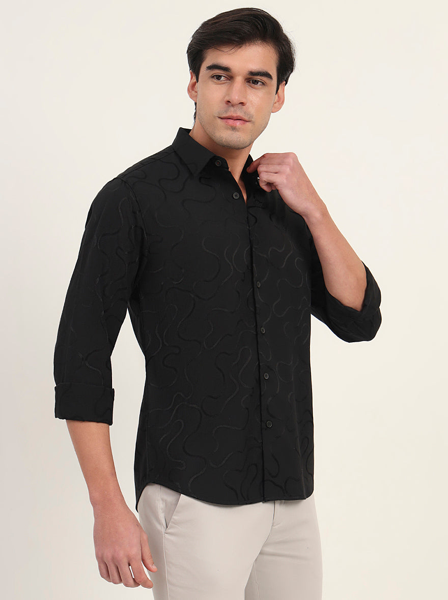 Black Printed Slim Fit Casual Shirt | Greenfibre