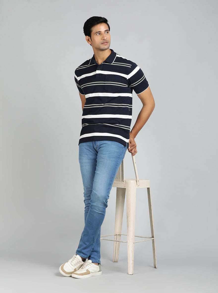 Navy Blue Striped Regular Fit Polo T-Shirt | Greenfibre