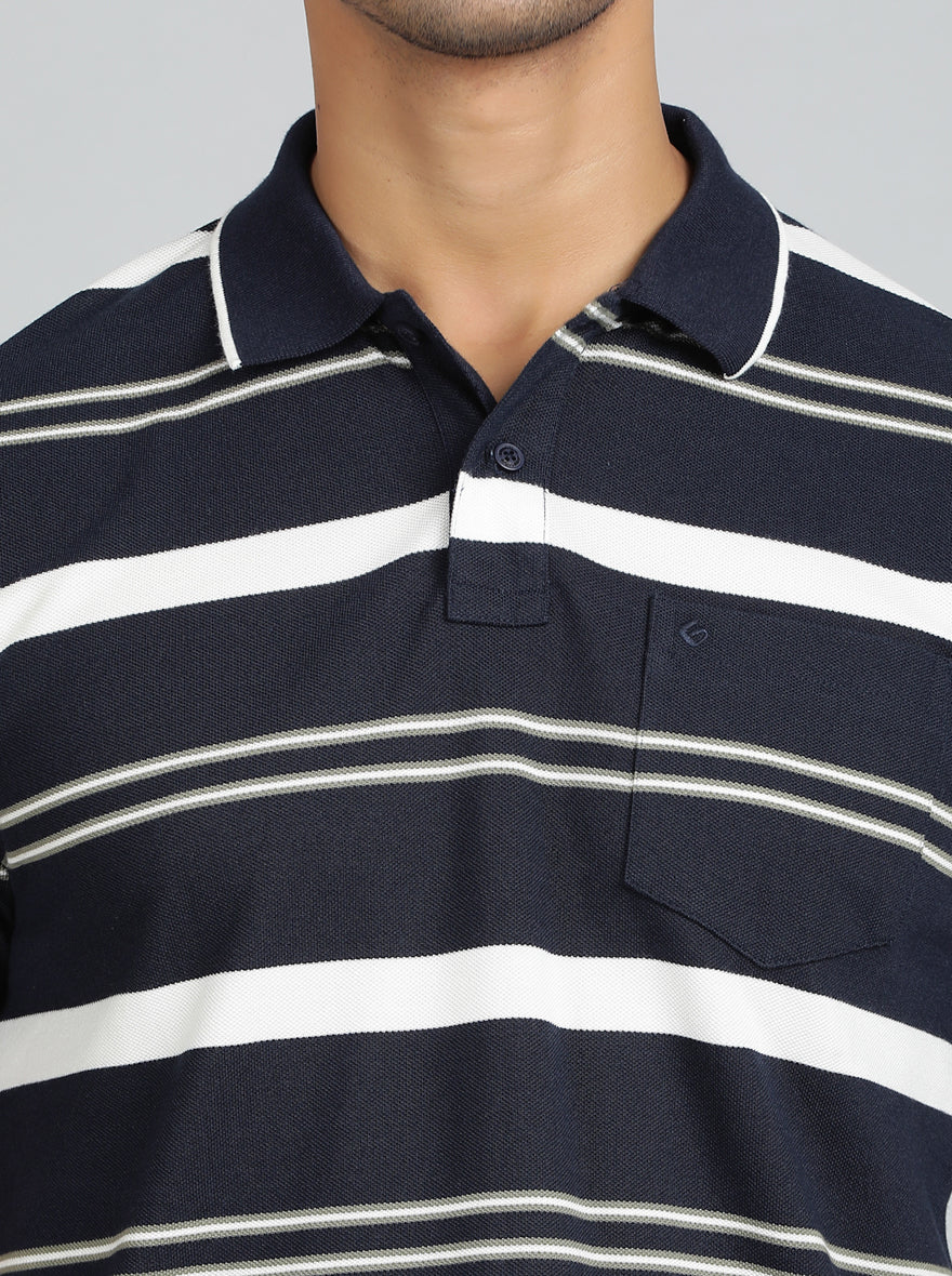 Navy Blue Striped Regular Fit Polo T-Shirt | Greenfibre