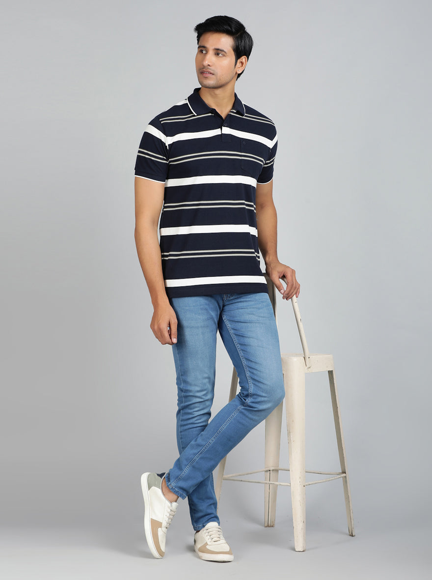 Navy Blue Striped Regular Fit Polo T-Shirt | Greenfibre