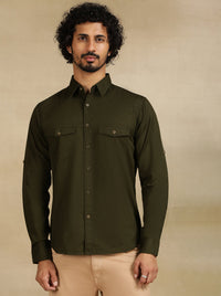 Olive Green Solid Slim Fit Casual Shirt | Greenfibre