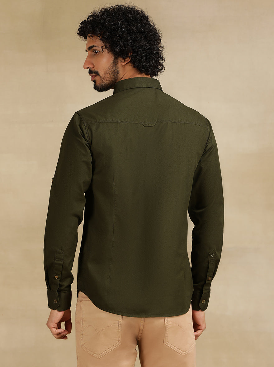 Olive Green Solid Slim Fit Casual Shirt | Greenfibre