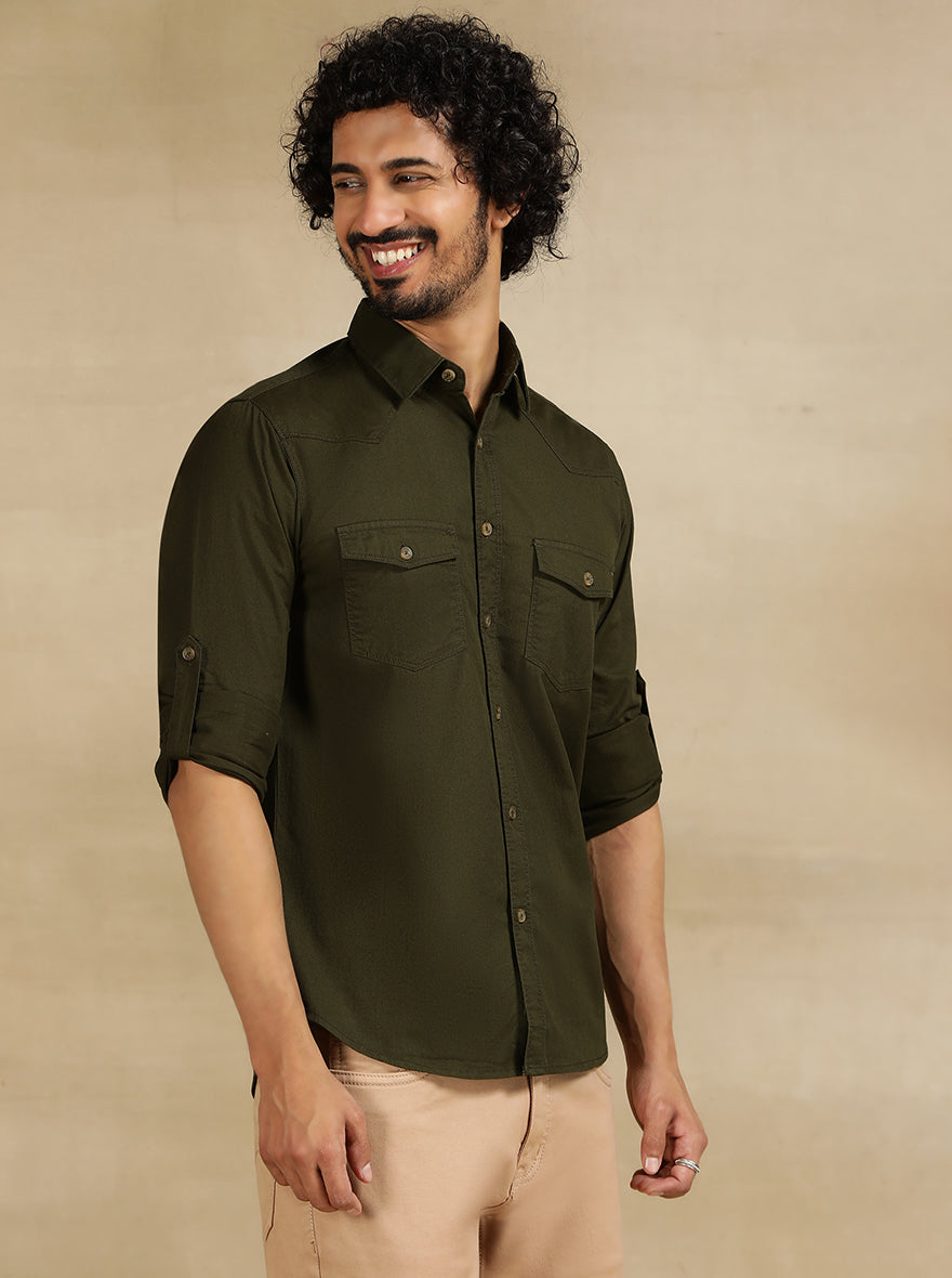 Olive Green Solid Slim Fit Casual Shirt | Greenfibre