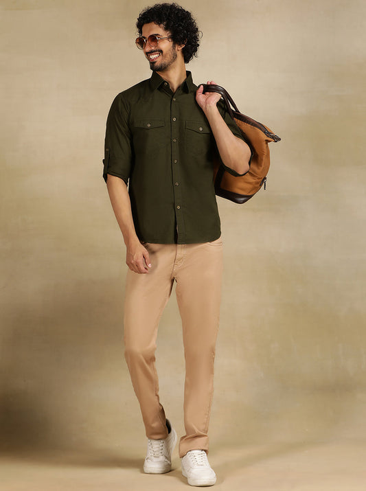 Olive Green Solid Slim Fit Casual Shirt | Greenfibre