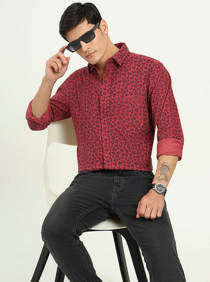 Maroon Printed Slim Fit Casual Shirt | Greenfibre