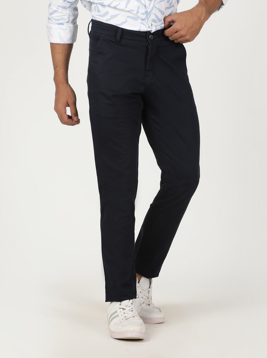 Navy Blue Solid Neo Fit Casual Trouser | Greenfibre