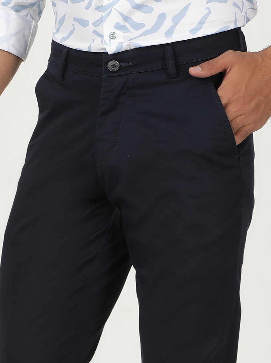 Navy Blue Solid Neo Fit Casual Trouser | Greenfibre