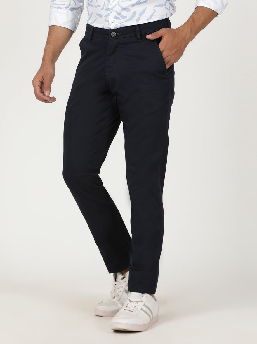 Navy Blue Solid Neo Fit Casual Trouser | Greenfibre