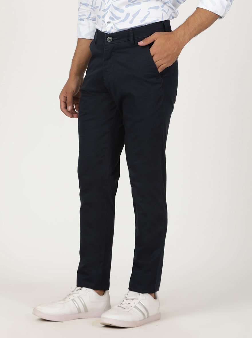 Navy Blue Solid Neo Fit Casual Trouser | Greenfibre