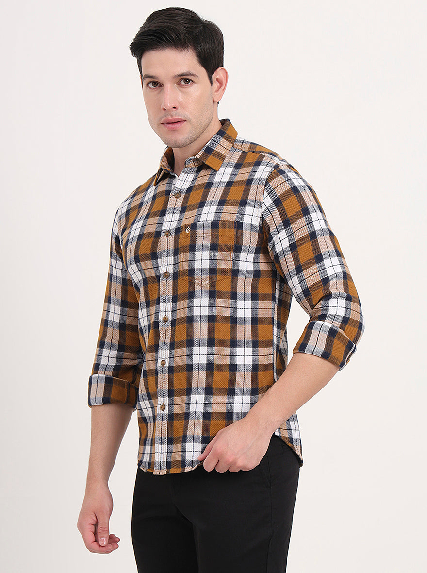 Orange & White Checked Slim Fit Casual Shirt | Greenfibre