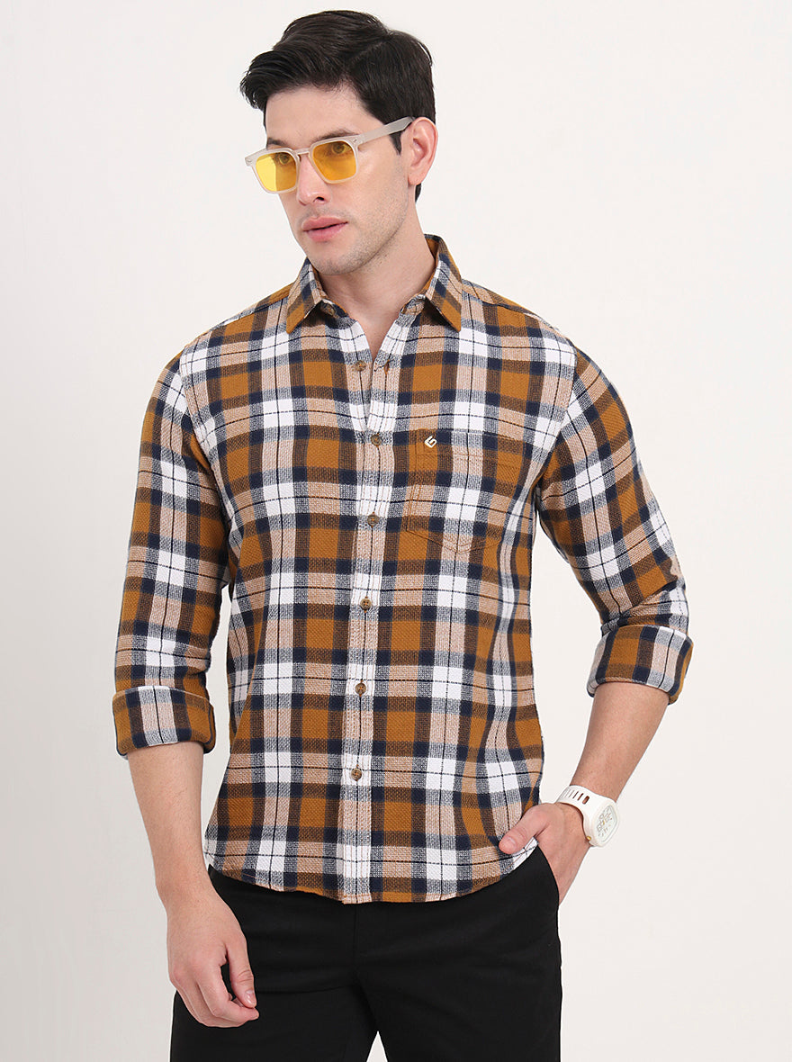 Orange & White Checked Slim Fit Casual Shirt | Greenfibre