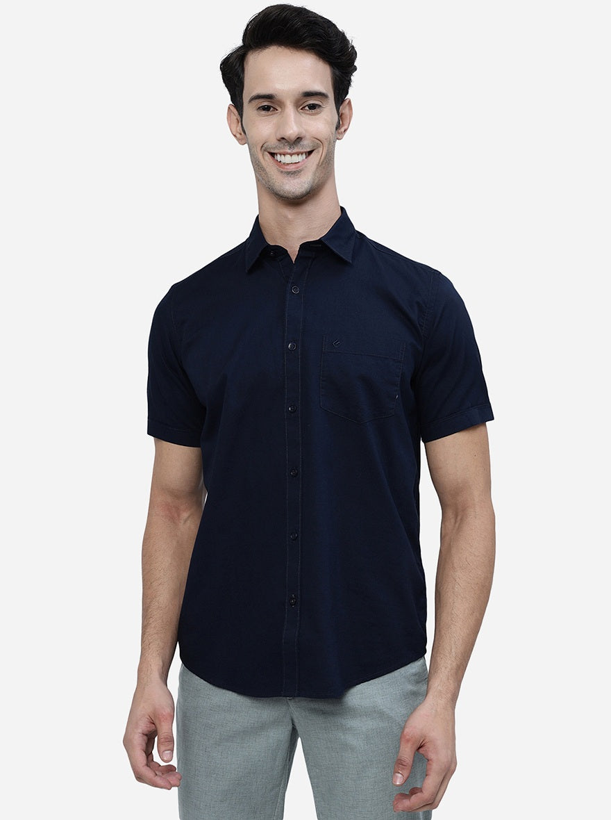 Navy Blue Solid Smart Fit Semi Casual Shirt | Greenfibre