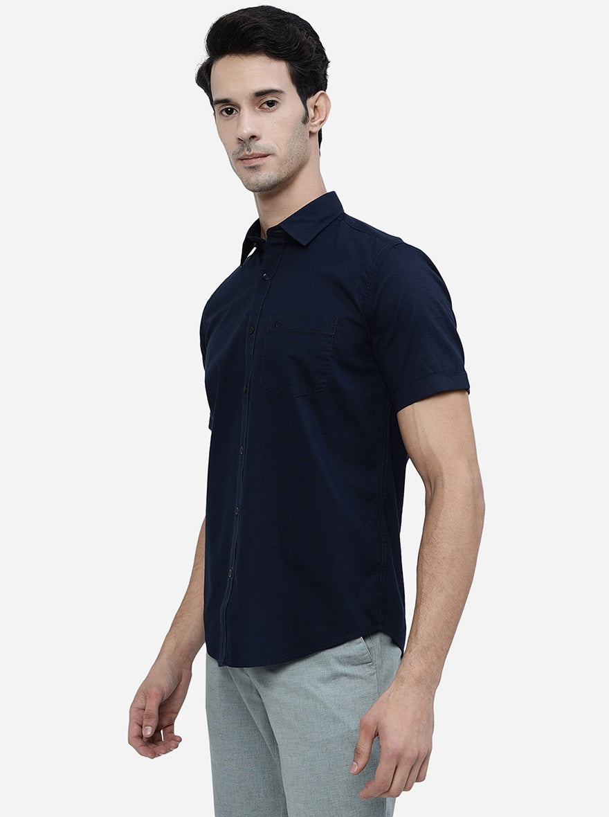 Navy Blue Solid Smart Fit Semi Casual Shirt | Greenfibre