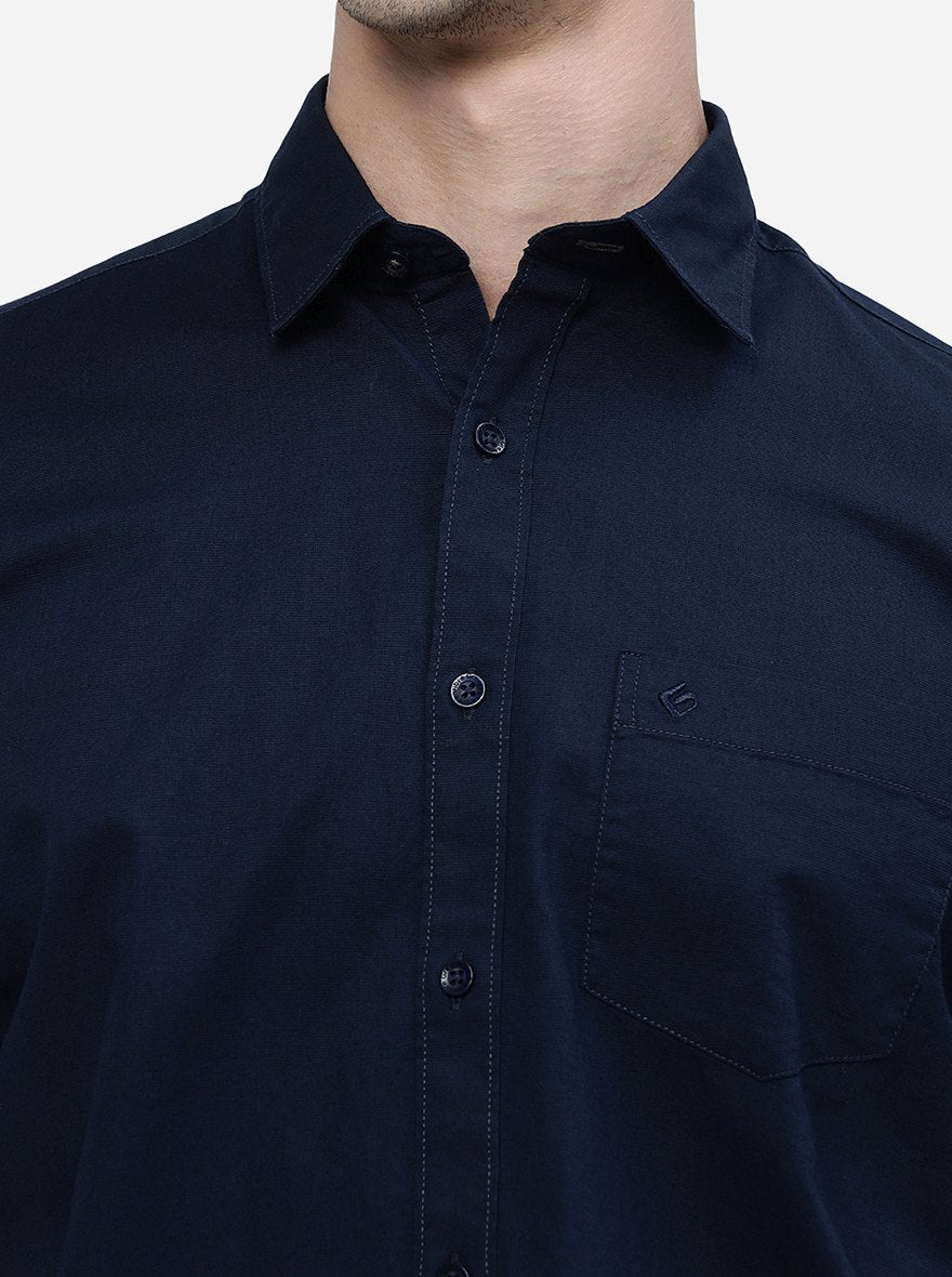 Navy Blue Solid Smart Fit Semi Casual Shirt | Greenfibre