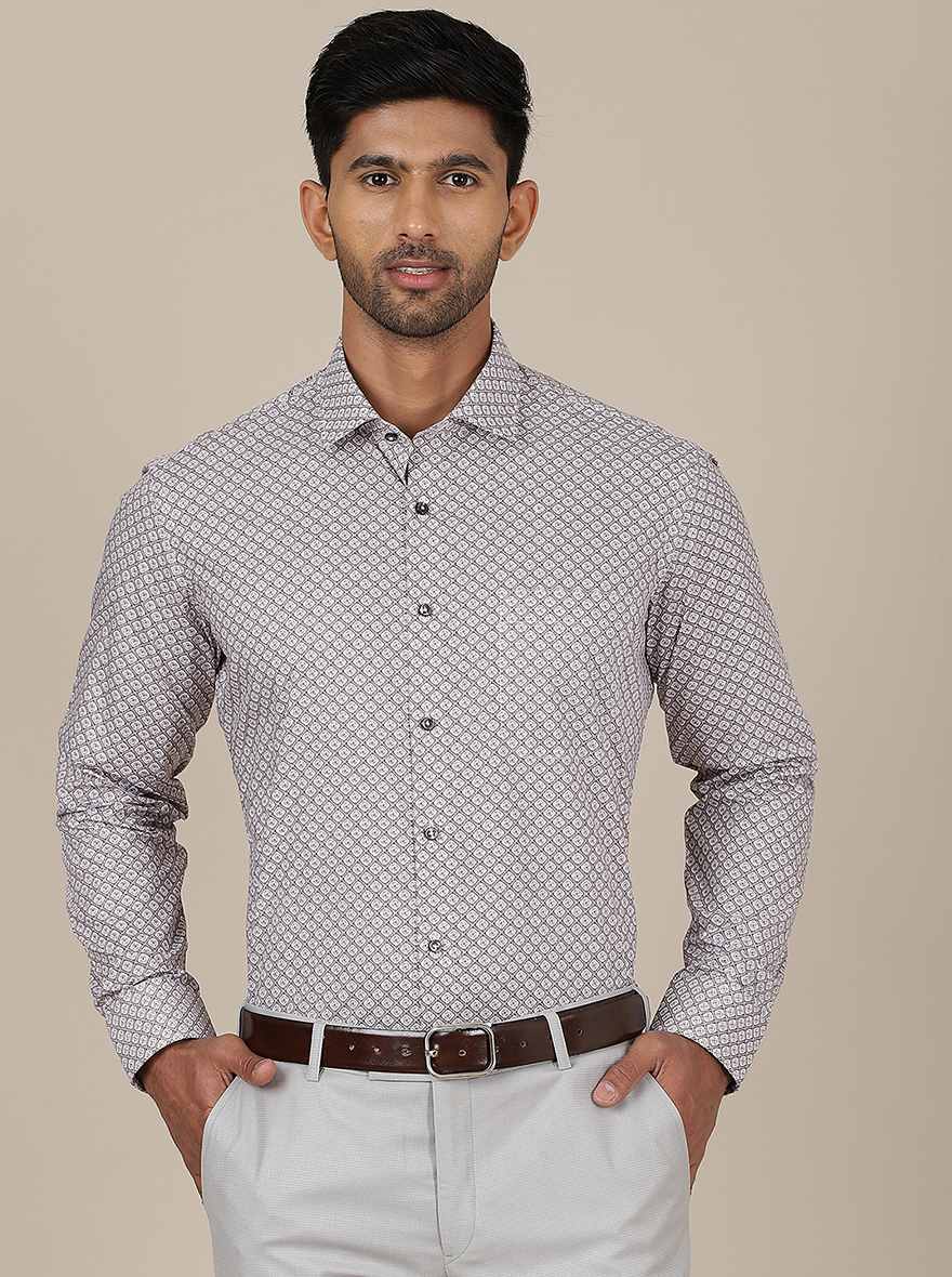 Light Grey Printed Slim Fit Formal Shirt | Greenfibre