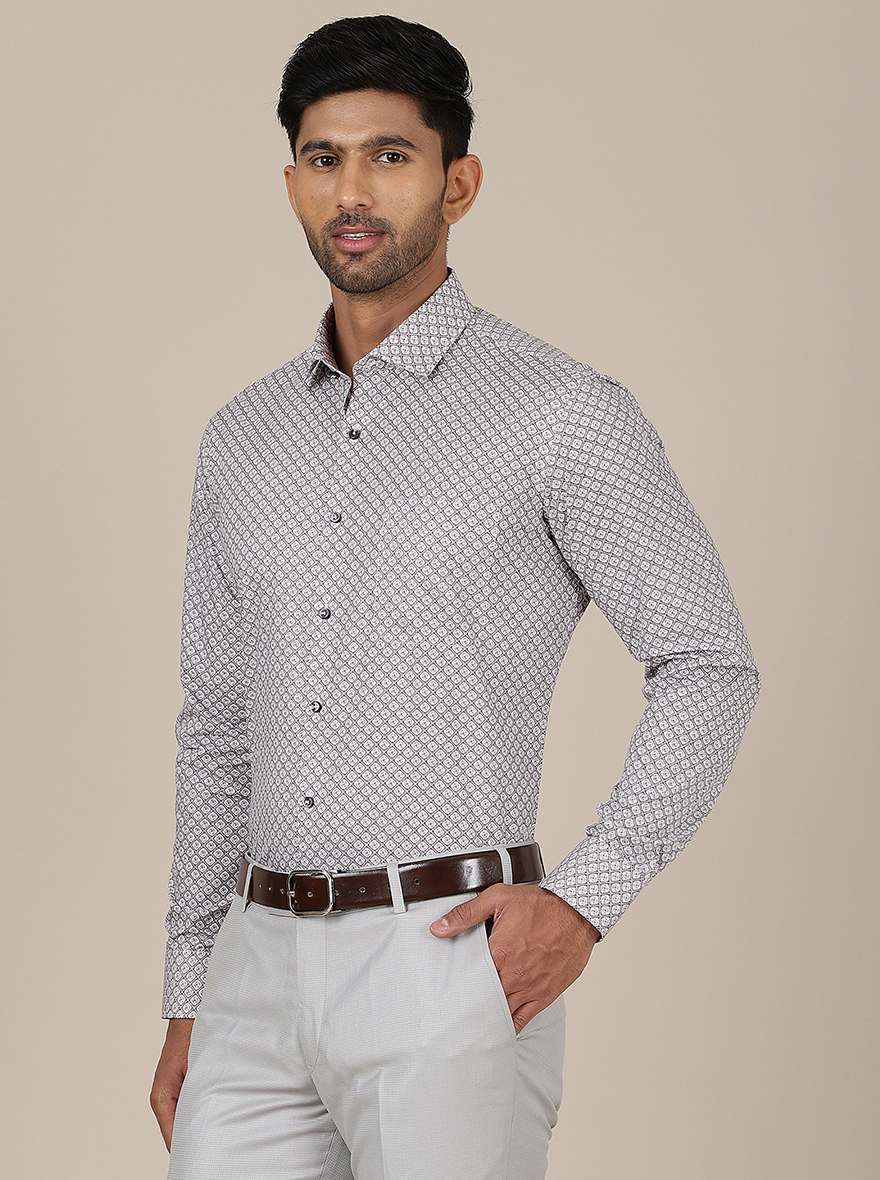 Light Grey Printed Slim Fit Formal Shirt | Greenfibre