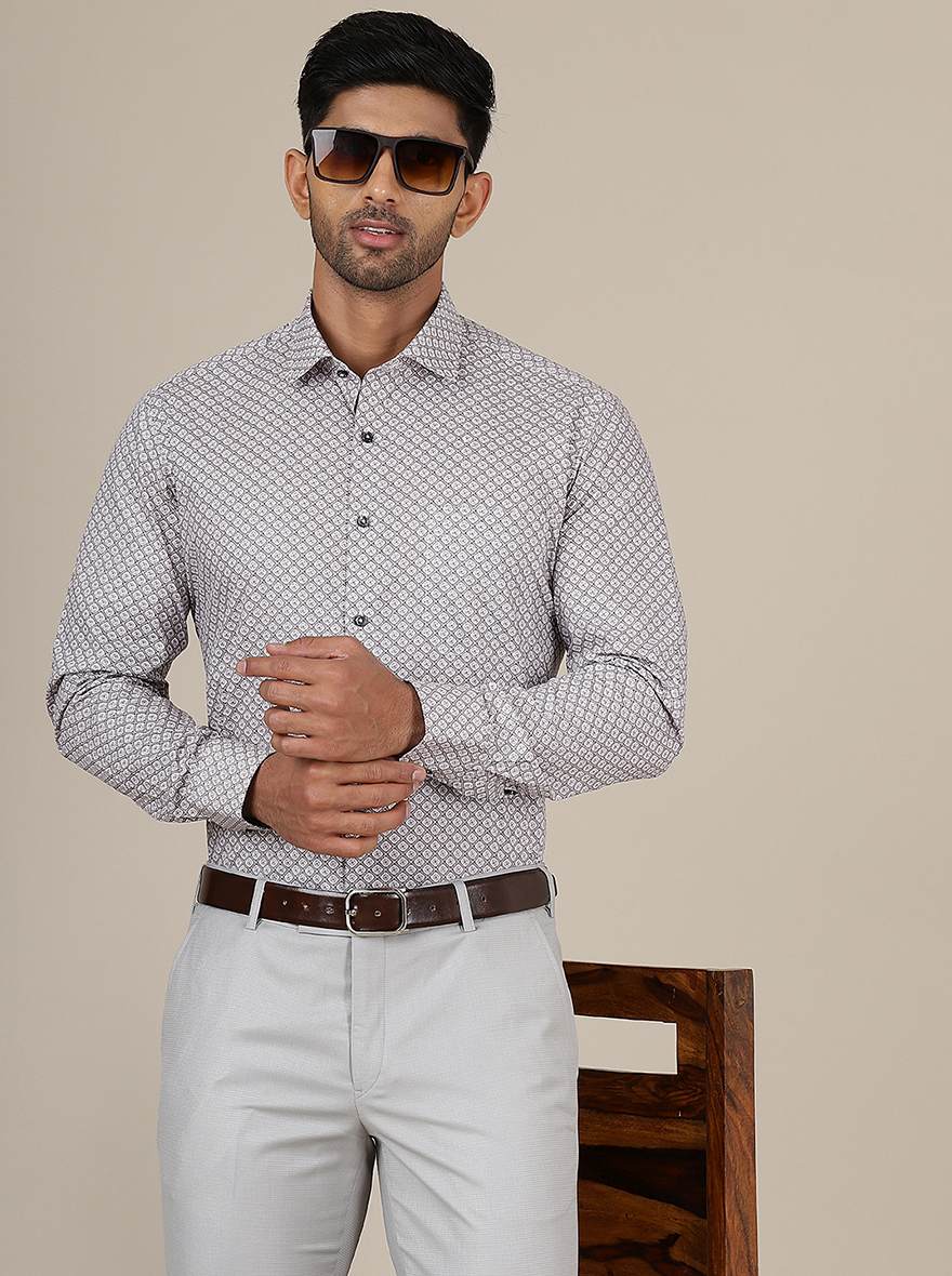 Light Grey Printed Slim Fit Formal Shirt | Greenfibre