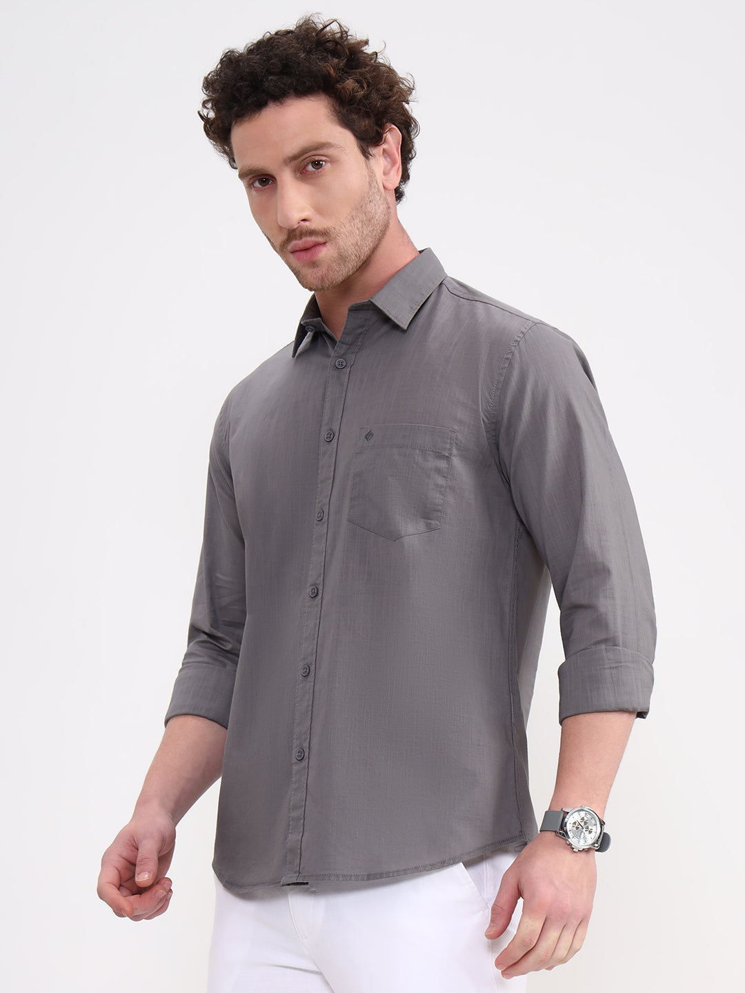Grey Solid Slim Fit Casual Shirt | Greenfibre