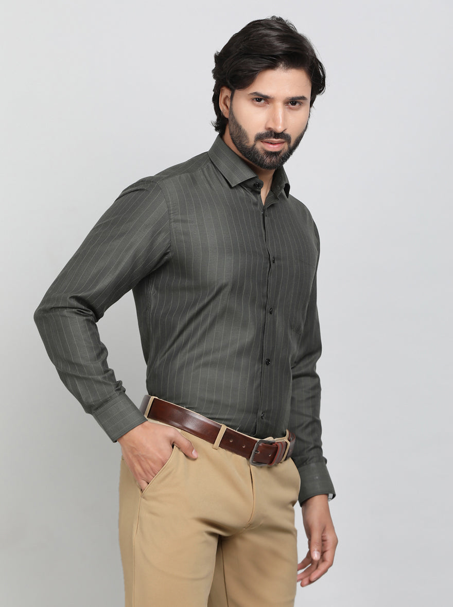 Green Striped Slim Fit Formal Shirt | Greenfibre