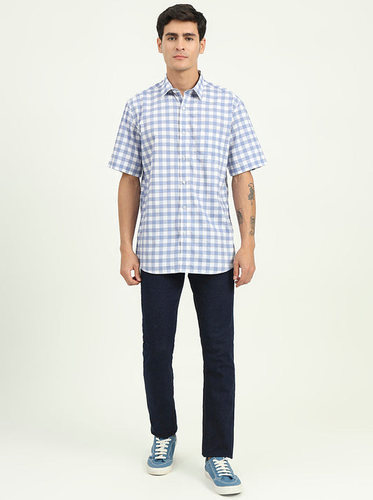 Light Blue Checked Slim Fit Semi Casual Shirt | Greenfibre
