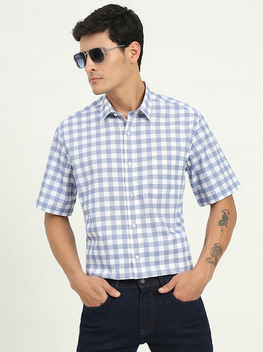 Light Blue Checked Slim Fit Semi Casual Shirt | Greenfibre