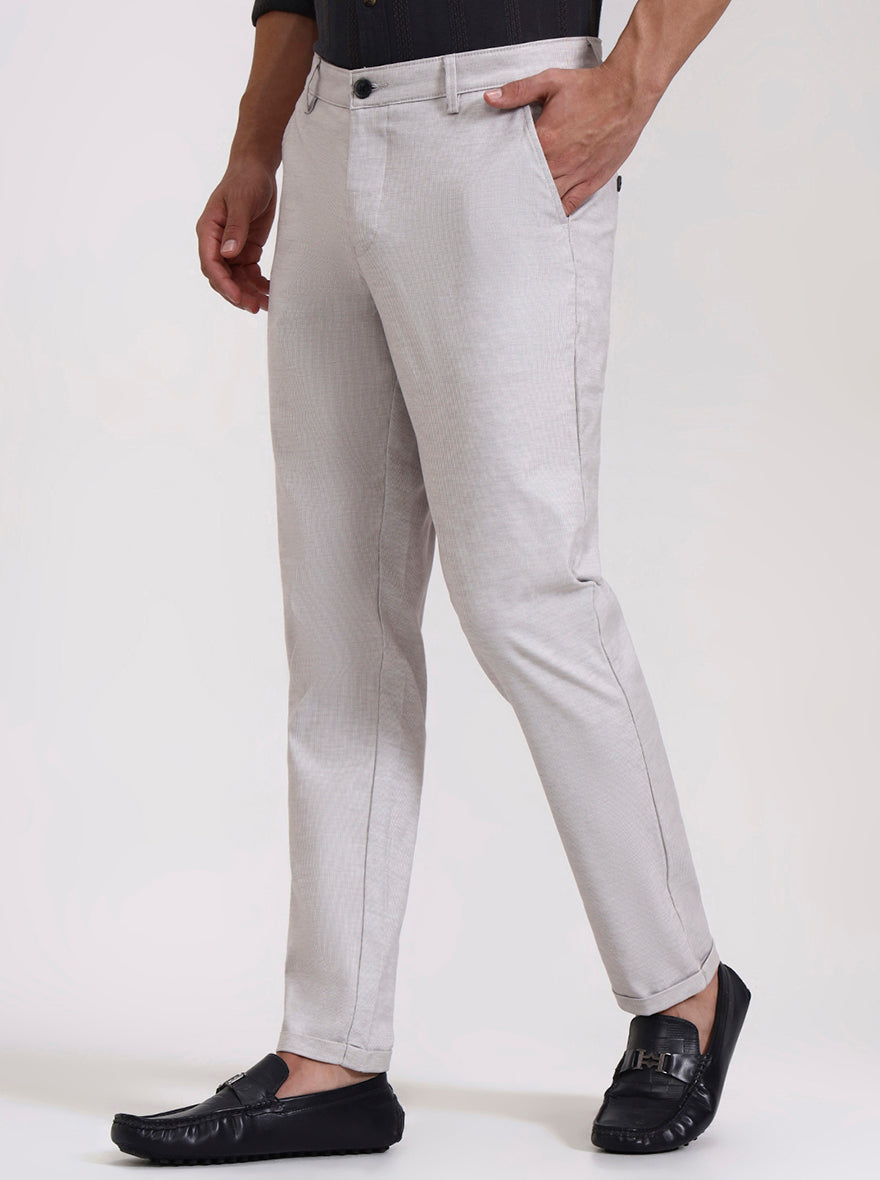Light Grey Striped Neo Fit Casual Trouser | Greenfibre