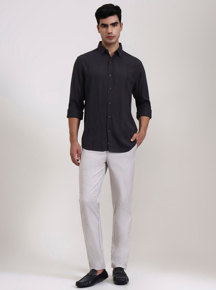 Light Grey Striped Neo Fit Casual Trouser | Greenfibre